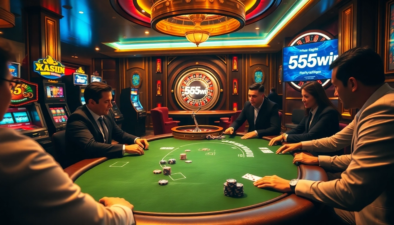 Intense poker game at 555win casino with players, chips, and cards.