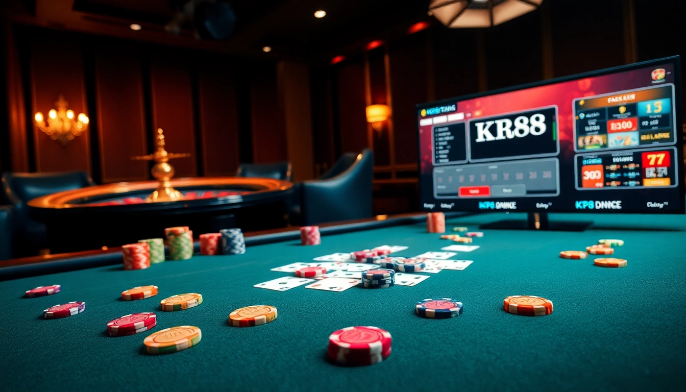 Exciting gambling scene at KP88 with poker chips and roulette wheel in a luxurious casino setting.