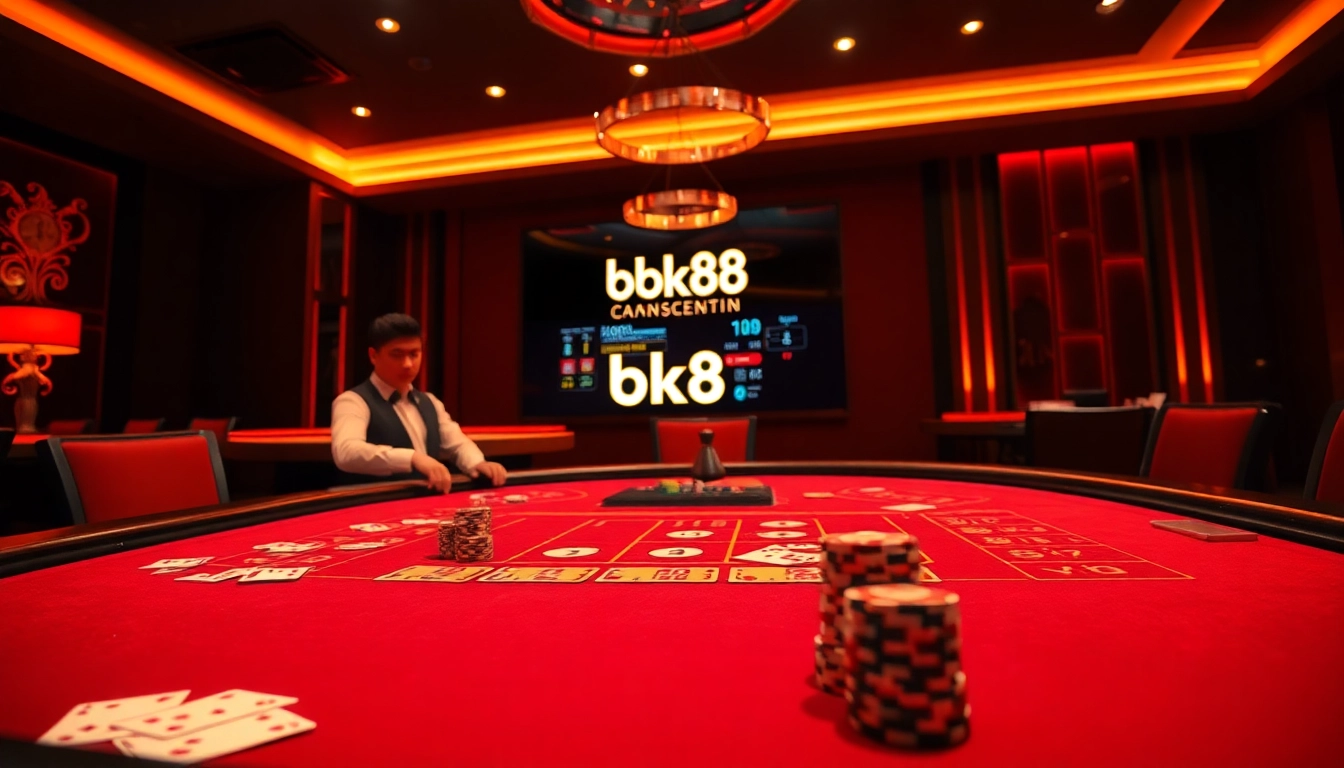 Experience high-stakes poker with bk8thai's vibrant casino environment featuring digital interfaces and luxurious decor.