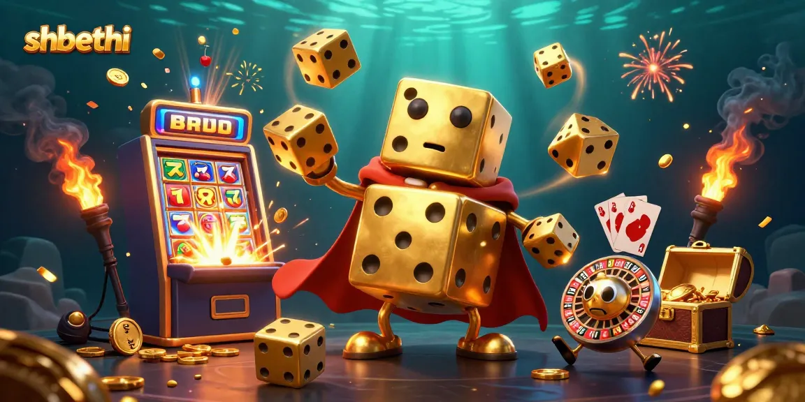 Experience thrilling adventures with shbethi's golden dice golem and jackpot excitement in a vibrant casino scene.