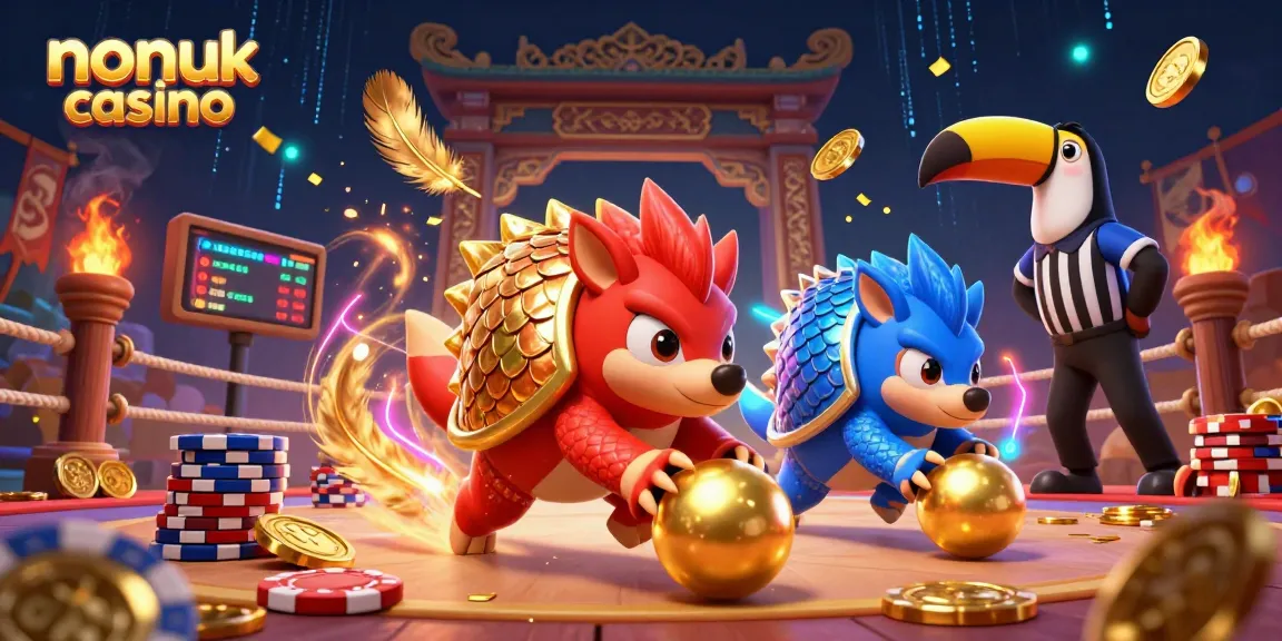 Experience excitement at a non uk casino with rival pangolins playing in a vibrant 3D scene filled with poker chips and golden tokens.