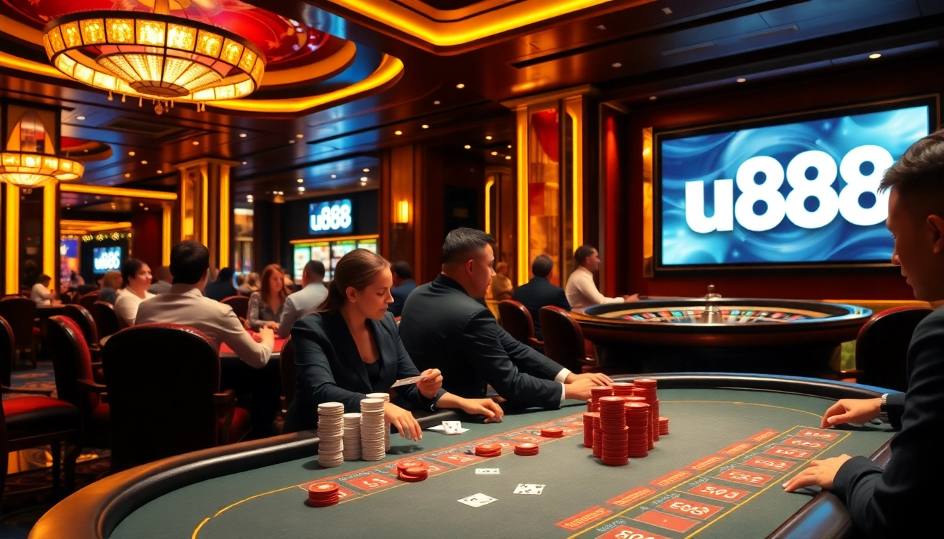 Intense poker game scene in a luxury u888 casino with vibrant roulette wheel and rich decor.
