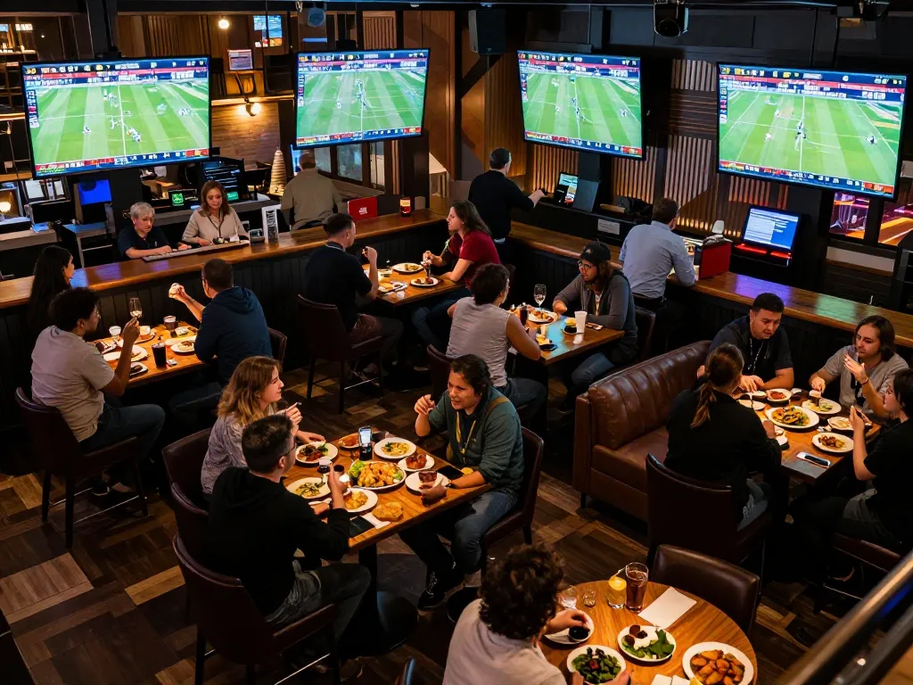 Excitement at a sports betting event with patrons engaging and viewing live matches on screens, showcasing kqbd