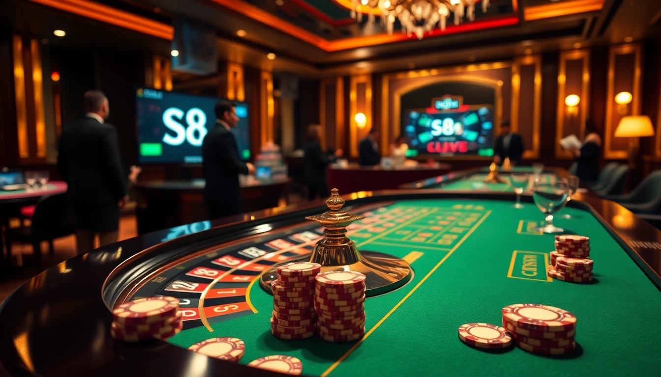s8 live action at a stylish casino table with poker chips and roulette wheel.