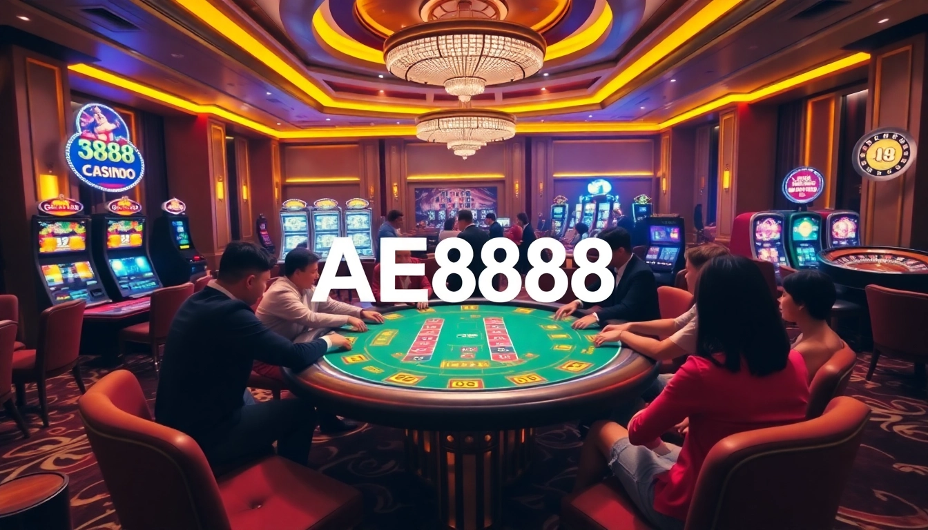 A thrilling AE888 casino scene with players at a poker table, illuminated by luxurious lighting.