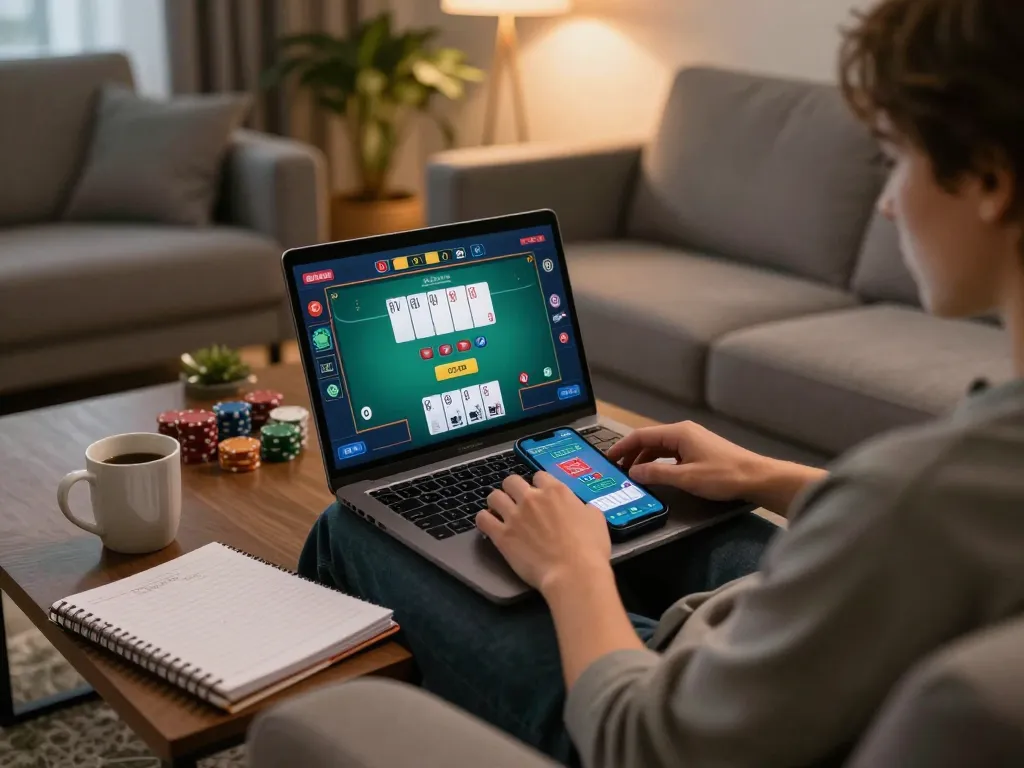 Person engaged in non gamstop online casino gaming, laptop displaying poker game with betting options and strategy notes visible.