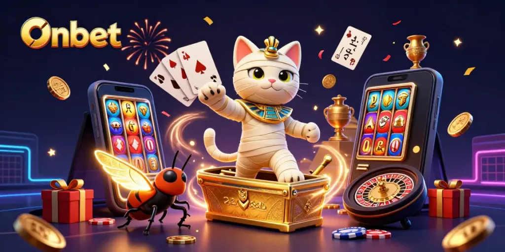 Experience thrilling wins with Onbet as the mummy cat bursts from a golden sarcophagus in a vibrant casino scene.