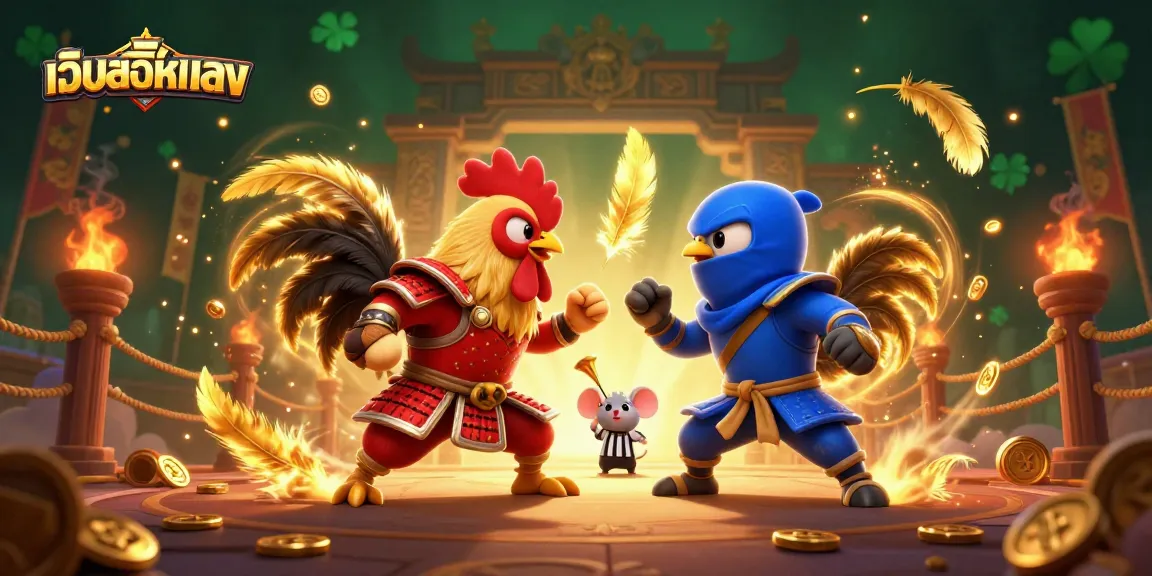 Engage in thrilling battles at เว็บสล็อตตรง with dynamic roosters facing off amidst golden coins and a dramatic arena.