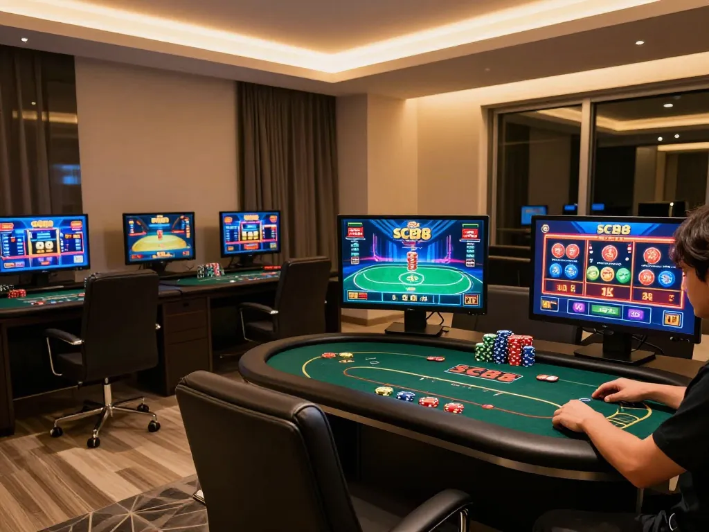 Player enjoying online casino games with SC88 on multiple screens, showcasing an engaging and strategic gaming environment.