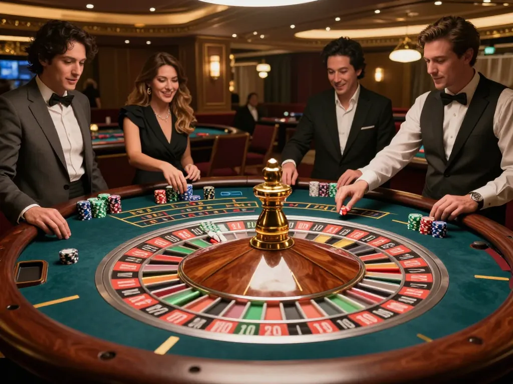 Tg88 players placing bets at a luxurious roulette table, excitement filling the air with colorful chips