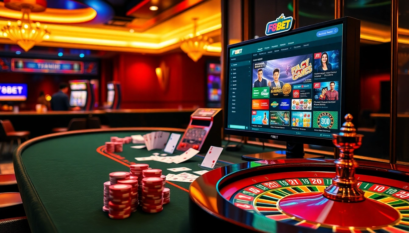 Exciting gameplay at f8bet trang chủ showcasing poker, slots, and roulette in a luxurious online casino.