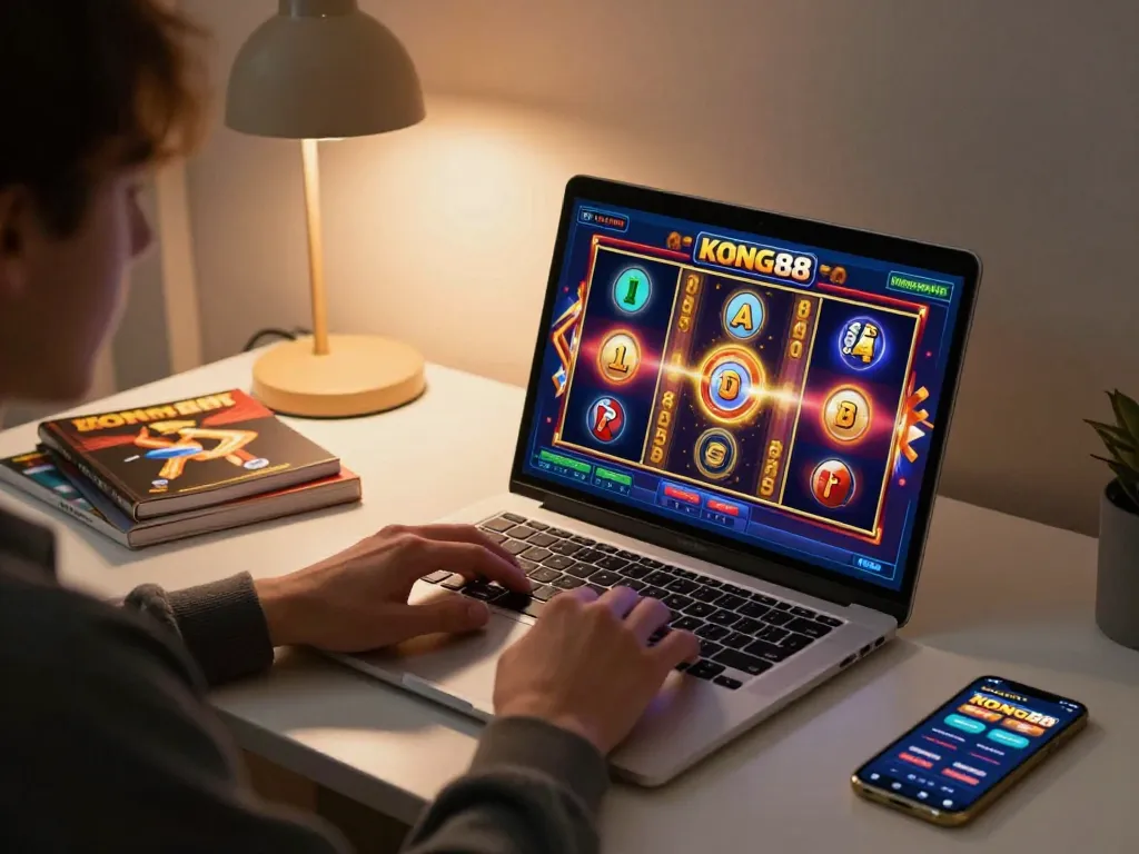 KONG88 online casino gaming setup with person engaged on laptop for a thrilling experience.