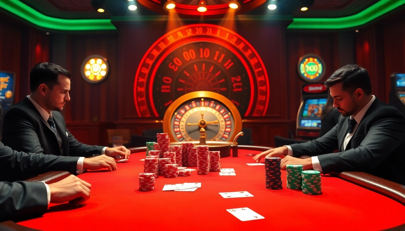 Players engaged in high-stakes poker at MK8.COM, surrounded by colorful casino chips and cards.
