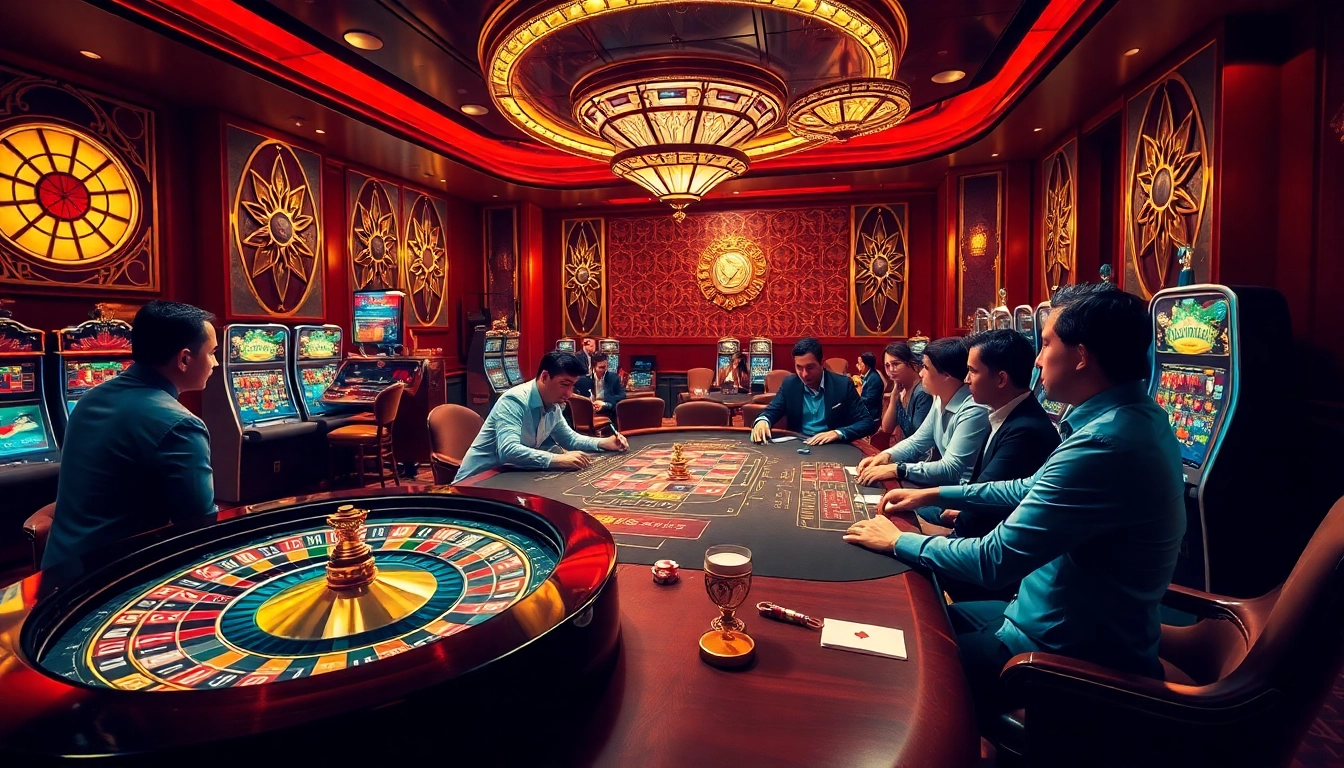 B52club players strategizing at an elegant casino table with vibrant slot machines.