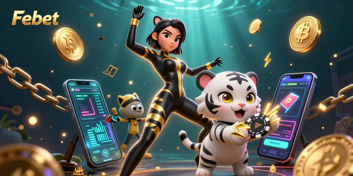Bet on Febet with exciting casino gameplay surrounded by cryptocurrency elements and vibrant 3D illustration.