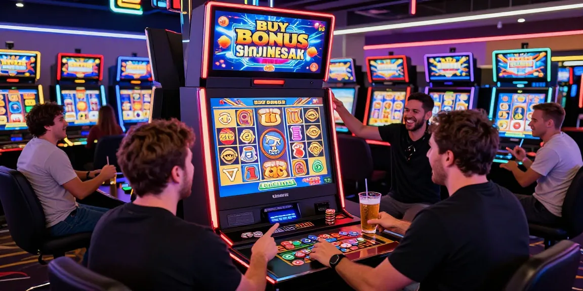 Players engaged with bonus buy slots in a lively casino setting.