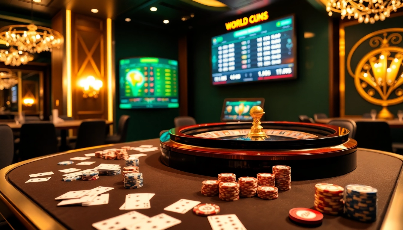 Engaging scene of luxurious casino gaming featuring แทงบอลโลก betting excitement with cards, chips, and a roulette wheel.