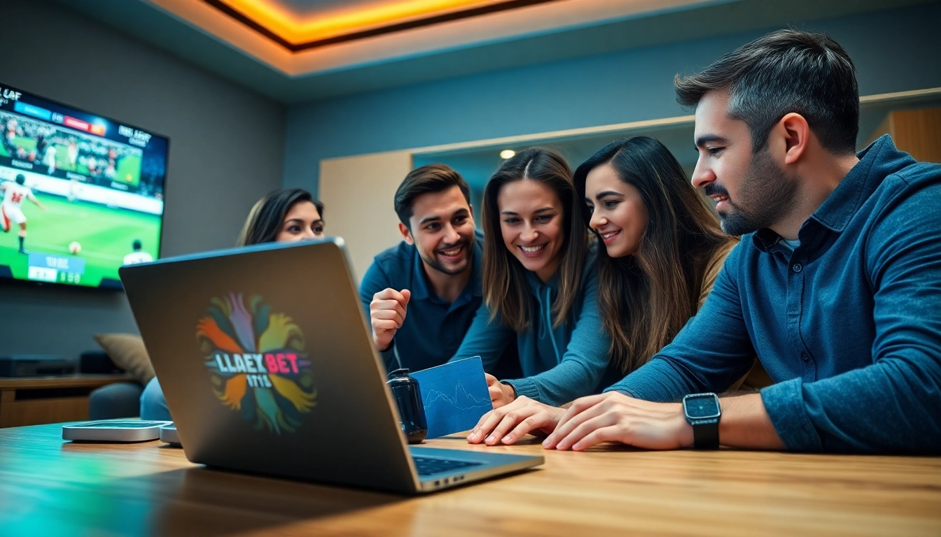 Engaging scene of online Betting with individuals strategizing over a laptop.