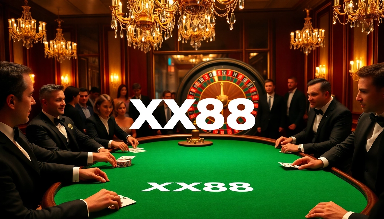 Players engage in an exciting poker game at XX88 Casino with vibrant chips and cards.