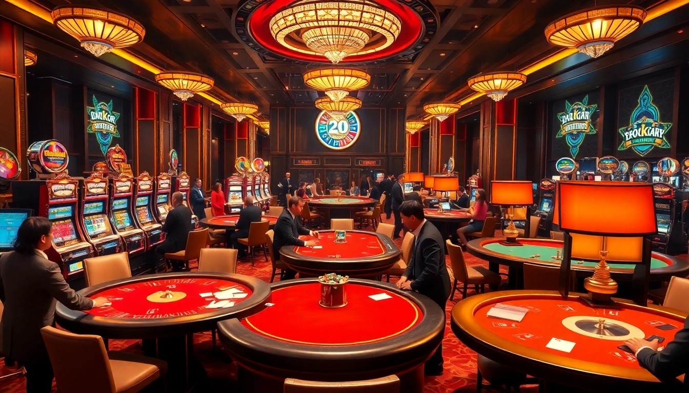 Engaging scene of bk8thai casino with vibrant tables and players immersed in gambling excitement.