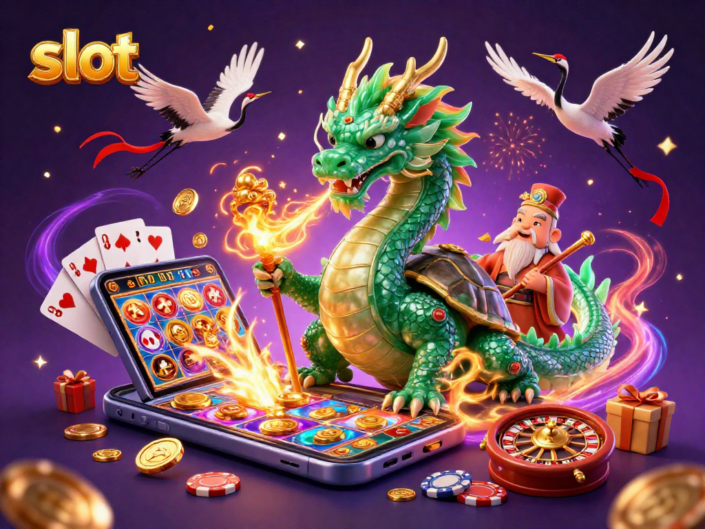 Engage in thrilling slot gameplay with dragon, turtle sage, and lucky cranes in vibrant casino scene.