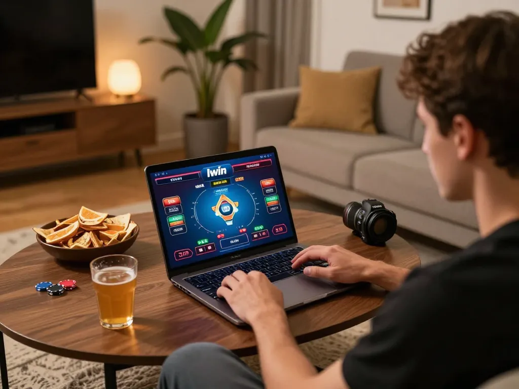 Iwin user enjoys online poker at home with cozy lighting and engaging graphics