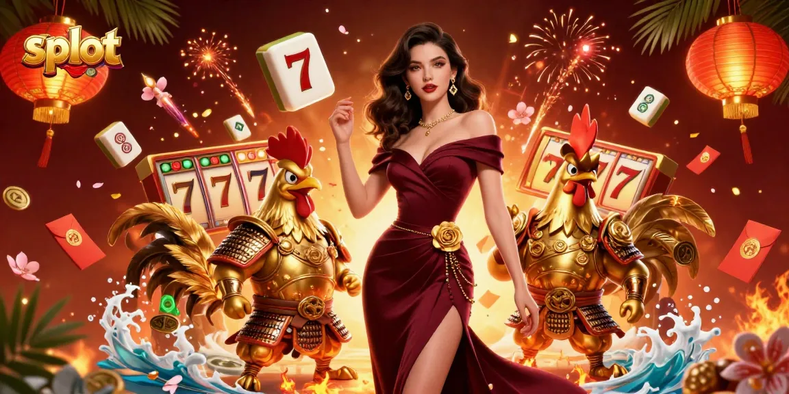 Spin the slot reels for jackpot excitement with a glamorous character and golden rooster warrior.