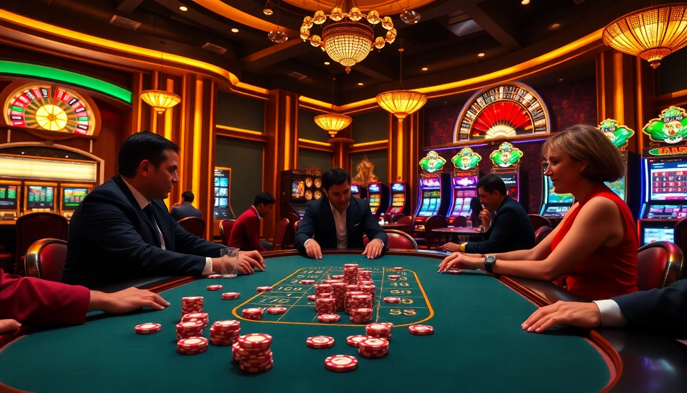 Sao789 casino scene featuring excited players at a poker table with vibrant slot machines.