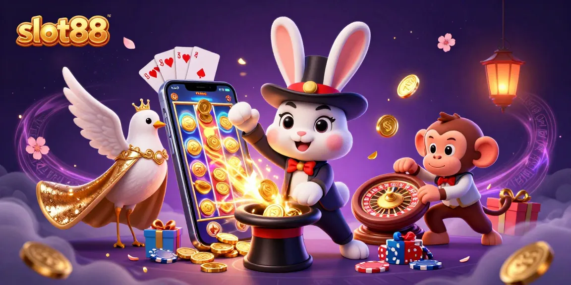 Menggoda slot88 dengan uang emas dan permainan yang penuh semangat dari karakter kartun di kasino.