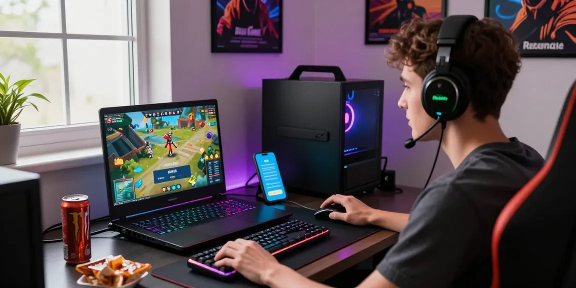 Engaged player logging into Raja Game amidst vibrant gaming setup with LED lights and snacks.