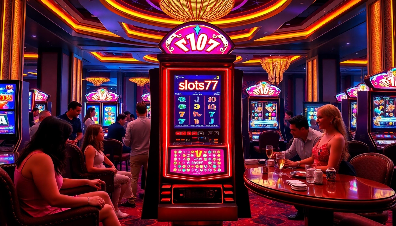 Engaging scene of players celebrating wins at slots777 slot machines in a luxurious casino.