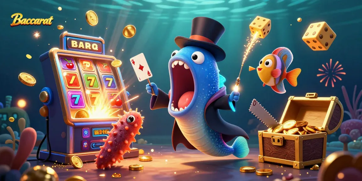 Baccarat game illustration with a deep-sea eel magician, flanked by an anglerfish and sea cucumber in an underwater casino