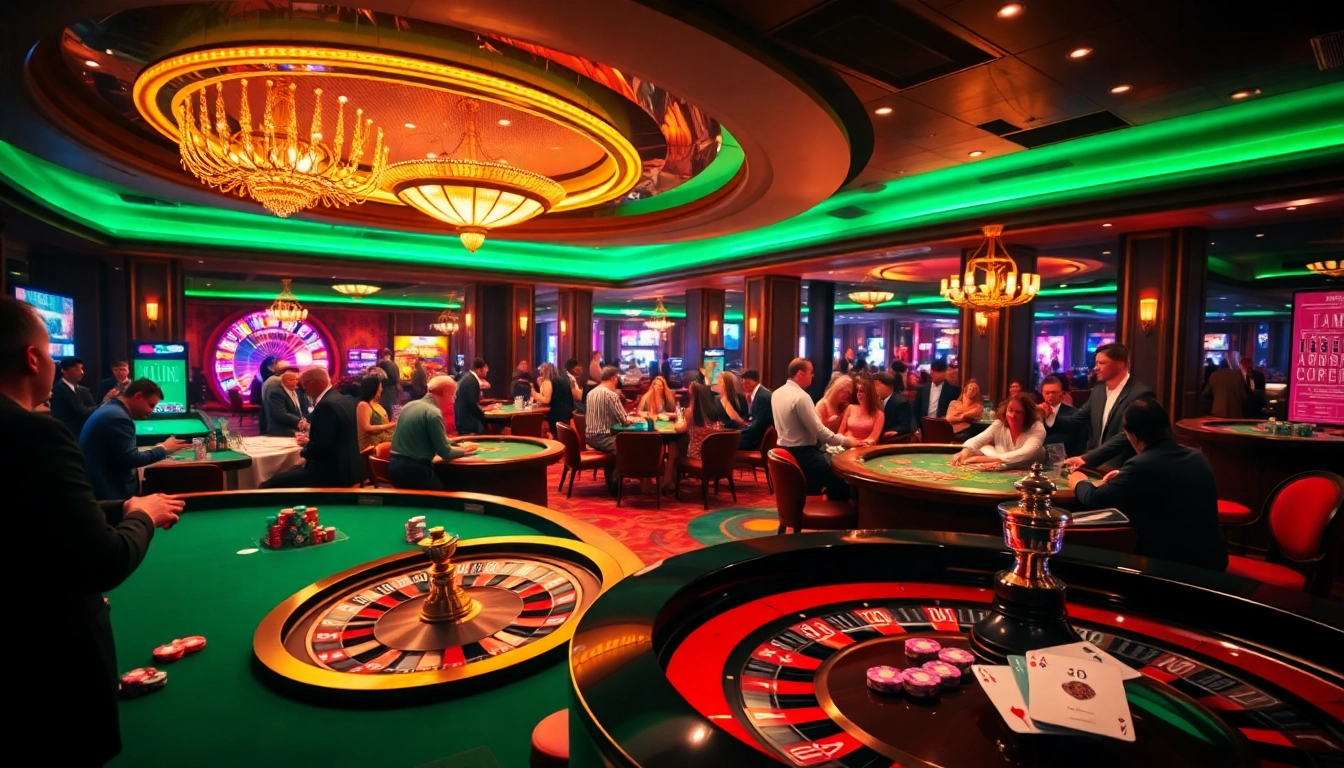 Players enjoying high-stakes games at the hitclub casino, surrounded by roulette wheels and colorful chips.