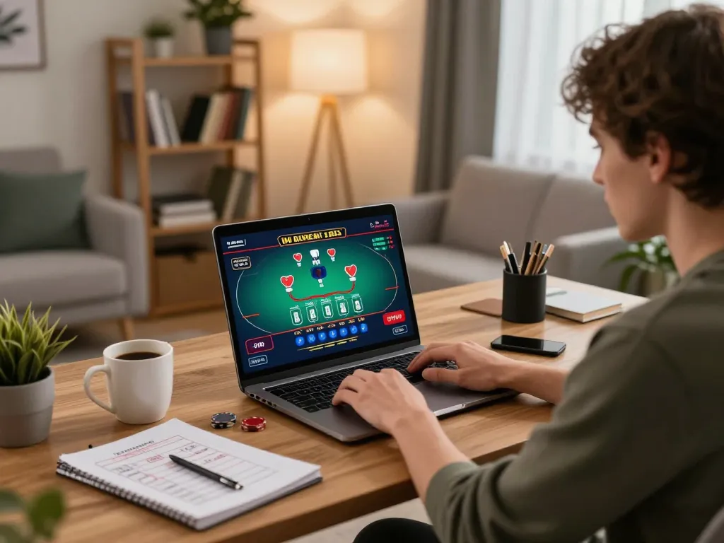 Player engaging in online blackjack through f8betlv laptop interface, showcasing strategic focus and comfortable at-home atmosphere.