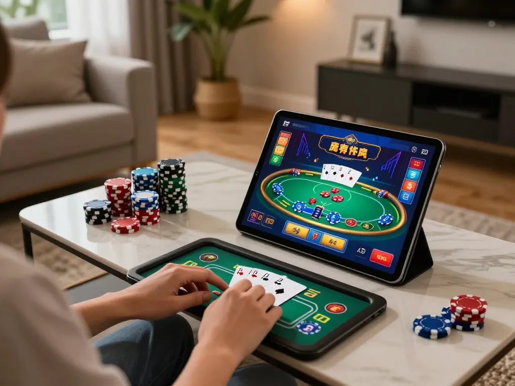Engaging with net88 online poker game on tablet in a cozy living room, showcasing interactive elements and relaxed setting.