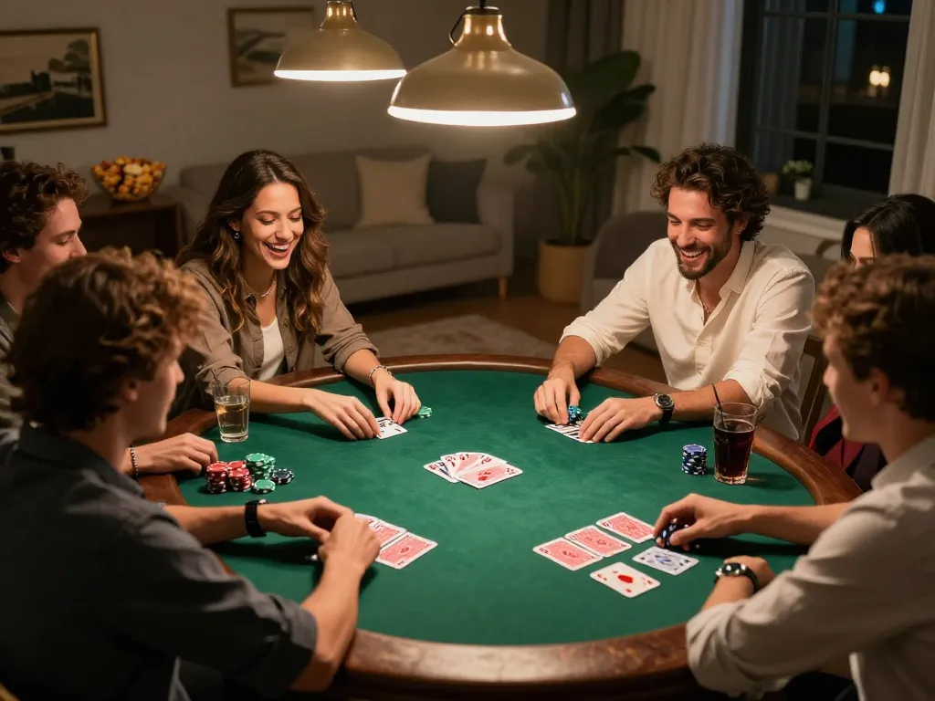 Friends enjoying an exciting poker night while playing Fokus777, showcasing strategic gameplay and social interaction.