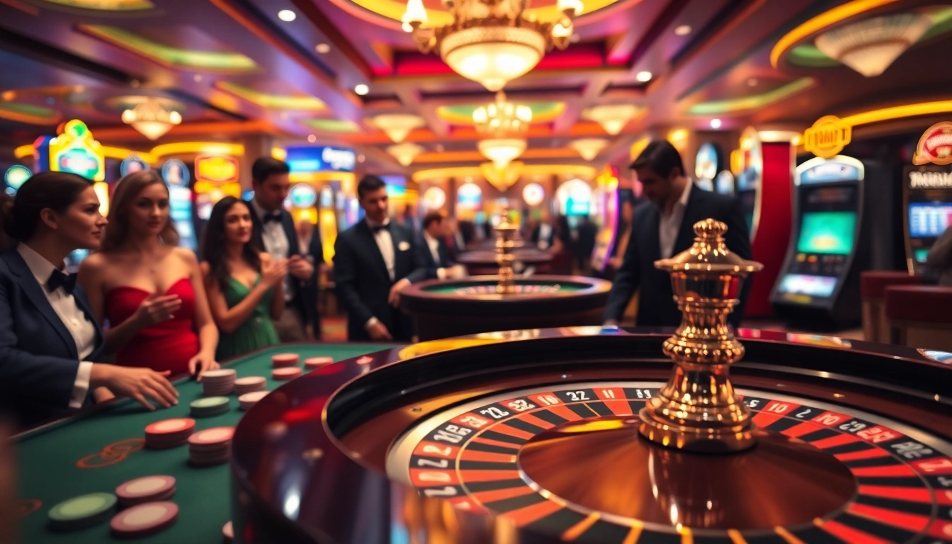 Mainkan arus hoki di meja roulette dengan pemain yang terlibat dan suasana kasino yang cerah.