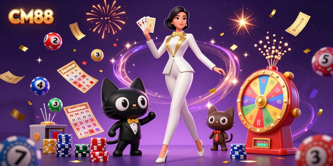 Engage with CM88's gaming excitement featuring a glamorous woman and a tuxedo cat amidst colorful casino elements.