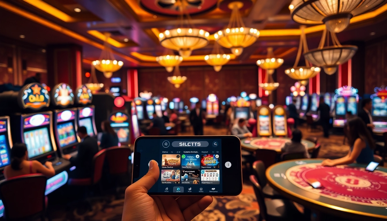 The s8 app displayed on a mobile device at a glamorous casino, showcasing vibrant gaming action.