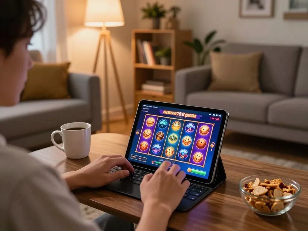 Seorang pemain menikmati aman788 slot gacor di tablet dalam pengaturan rumah yang nyaman dengan pencahayaan hangat.