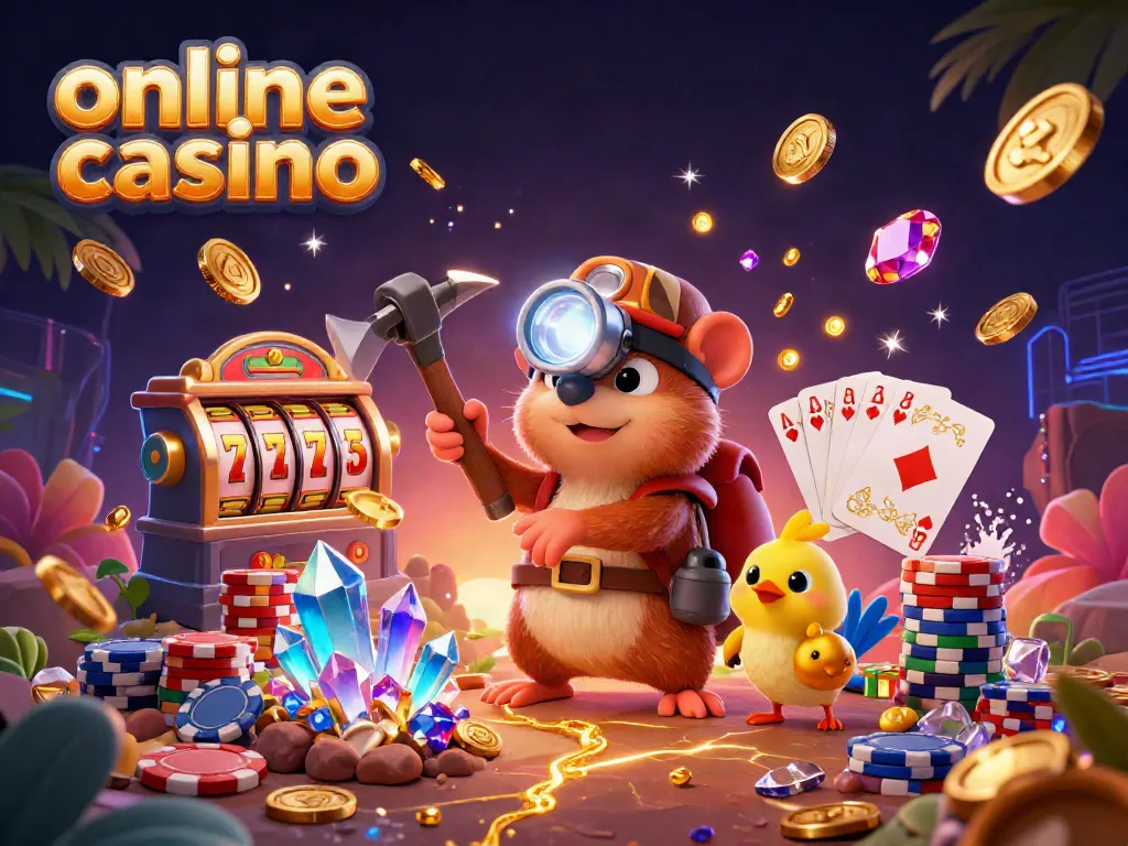 Experience the excitement of an online casino with vibrant treasure hunting characters and spinning slot reels.