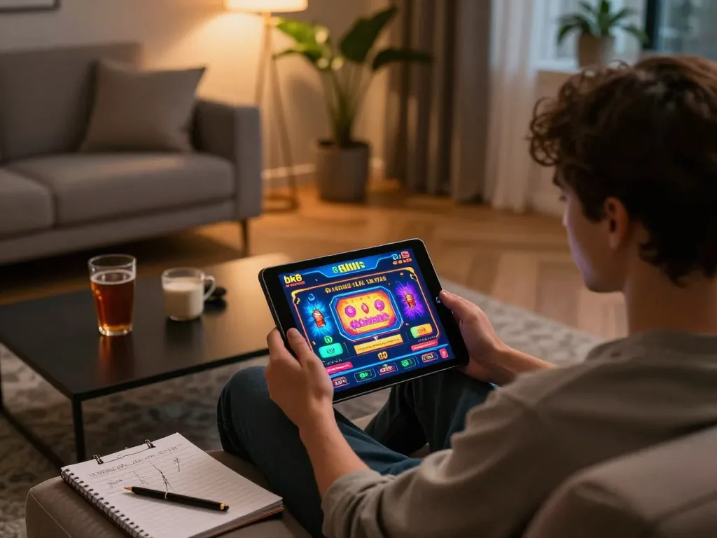 Engaged player exploring bk8's online casino gaming interface on a tablet from a cozy home setting