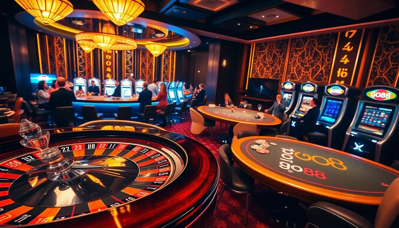 Exciting go88 gaming experience with roulette, poker chips, and vibrant slot machines.