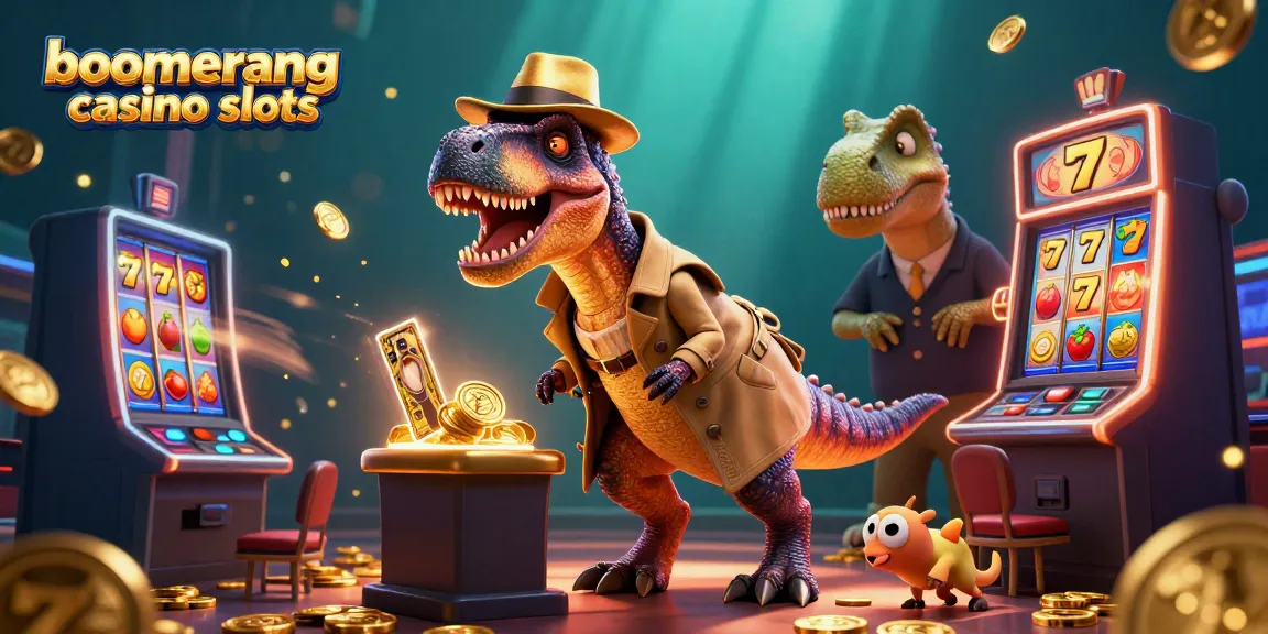 Preizkušajte boomerang casino slotov z 3D ilustracijo z velociraptorjem pri igralnem avtomatu.
