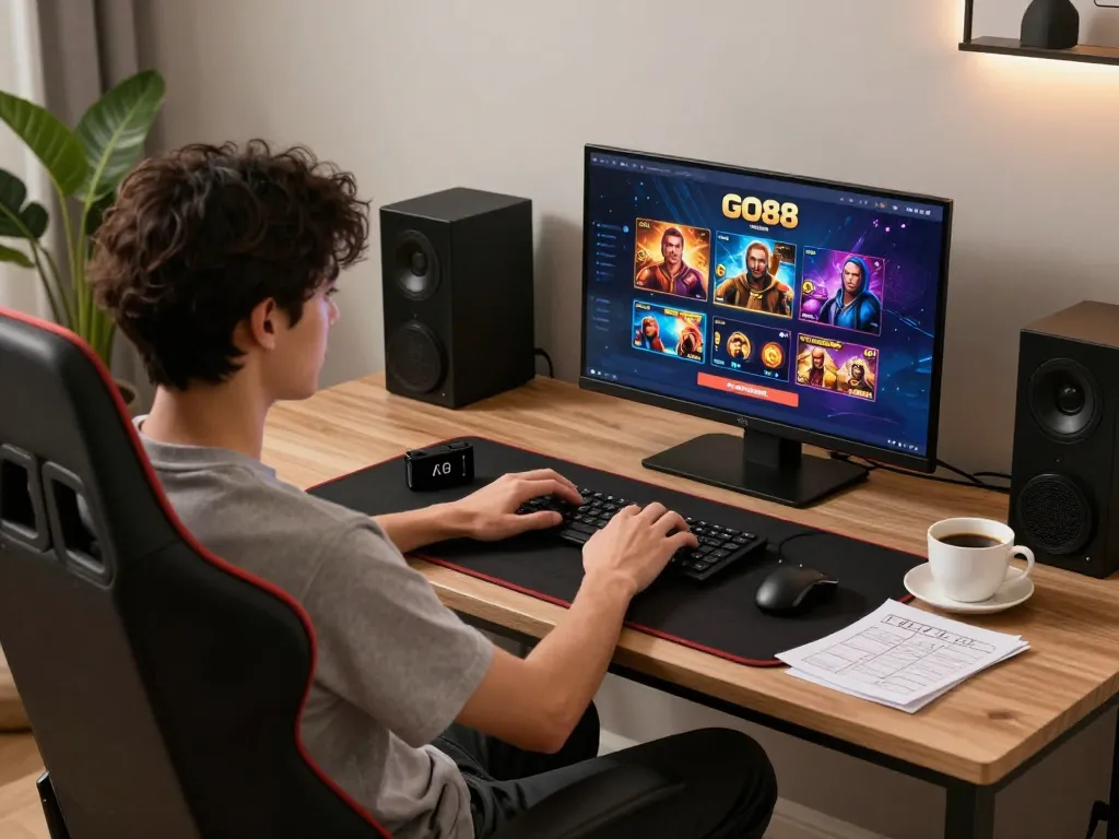Engaged player using GO88 for online gambling on a sleek laptop in a cozy home setting.