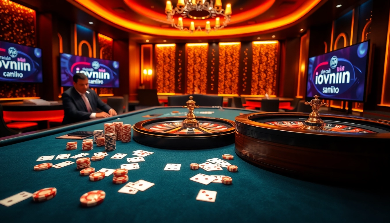 Experience excitement at nhà cái iwin with an elegant casino atmosphere featuring poker tables and vibrant chips.
