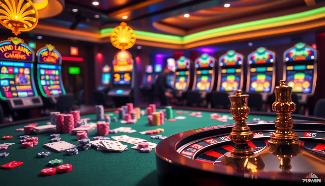 The excitement of gaming at trang chủ 789win with vibrant casino elements like poker chips and a roulette wheel.