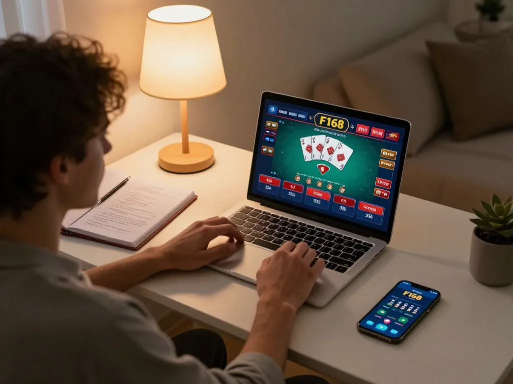 Person engaging with online casino F168 on laptop, showcasing responsible gaming setup with strategic notes.