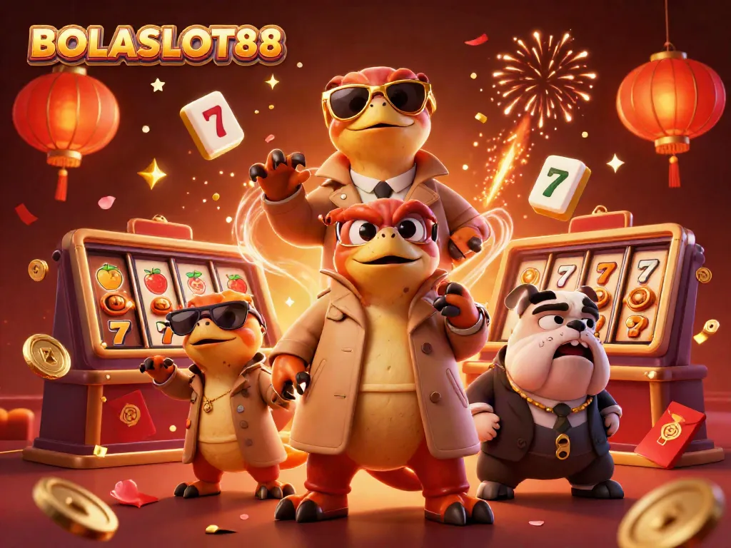 BOLASLOT88 scene with raptors in disguise entering VIP lounge amidst colorful slot game elements.