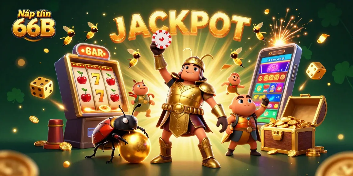Nạp tiền 66B showcases a victorious beetle character lifting a poker chip surrounded by exciting casino elements.